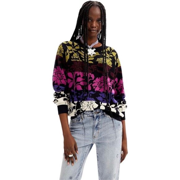 Desigual black multi color floral print band crew neck sweater size XS - Picture 1 of 15